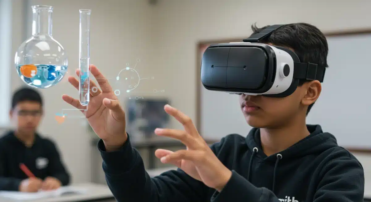 Student immersed in a virtual reality science experiment, demonstrating immersive learning technology.