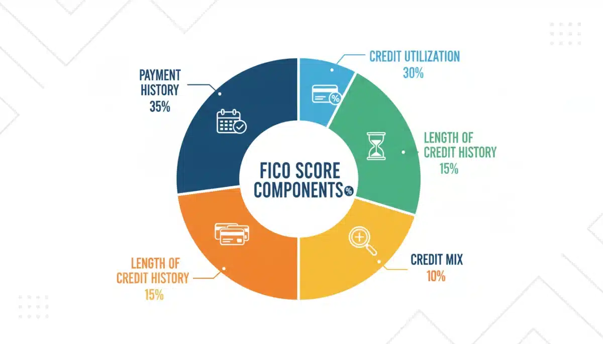 Infographic showing FICO score components: payment history, credit utilization, credit history length, new credit, and credit mix.